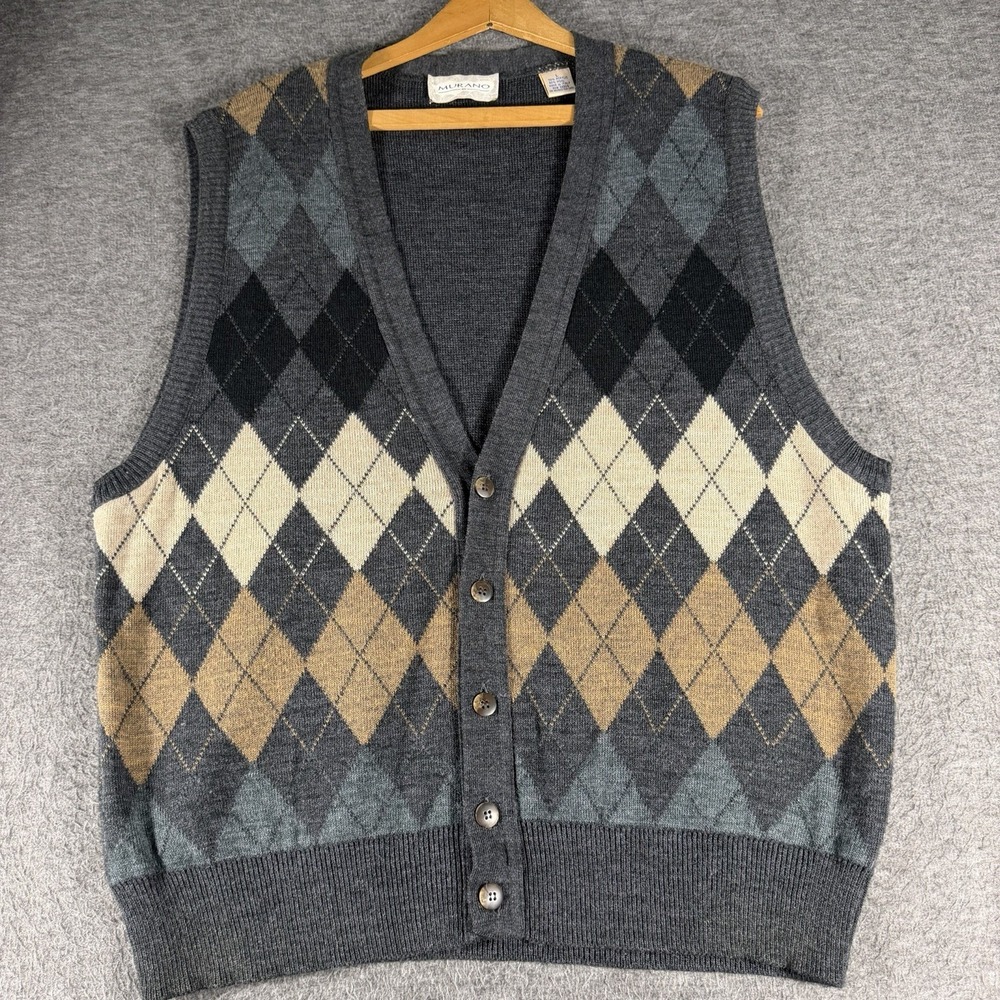 Mens Murano Argyle Sweater Vest L Made in Italy Vintage Academia Preppy Office